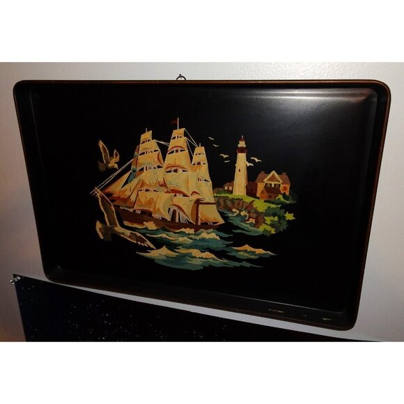 Tin Tray Sailing Ship Lighthouse Hand Painted Black Vintage Tole Style Rectangle - Picture 4 of 11